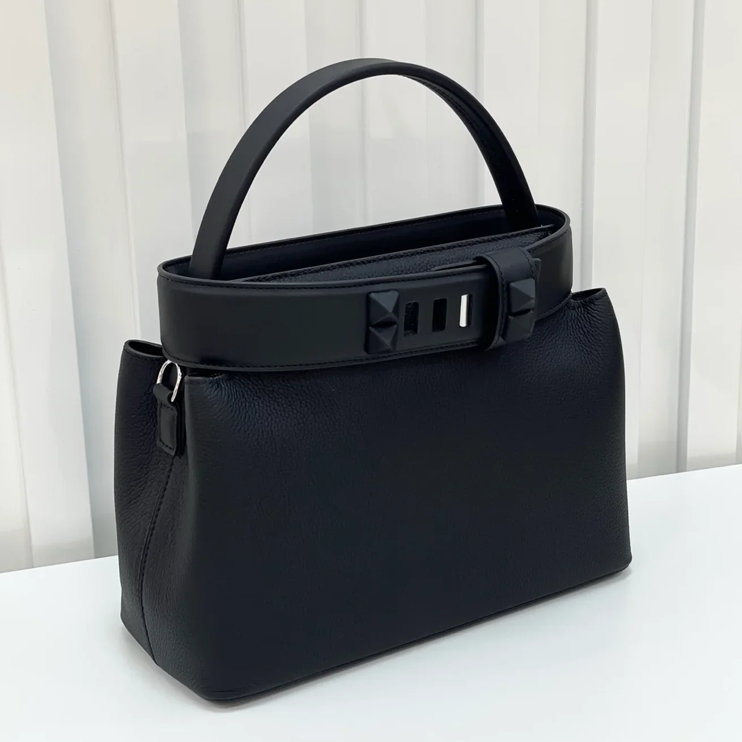 Sleek Full Black Grain Textured Structured Trapezoid Tote With Pyramid Stud Trim And Slim Metallic Slide Fastener Detail