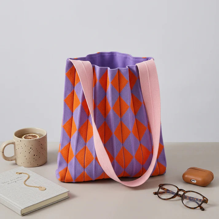 Diamond Pleated Daily Tote Bag with Wide Matching Shoulder Strap