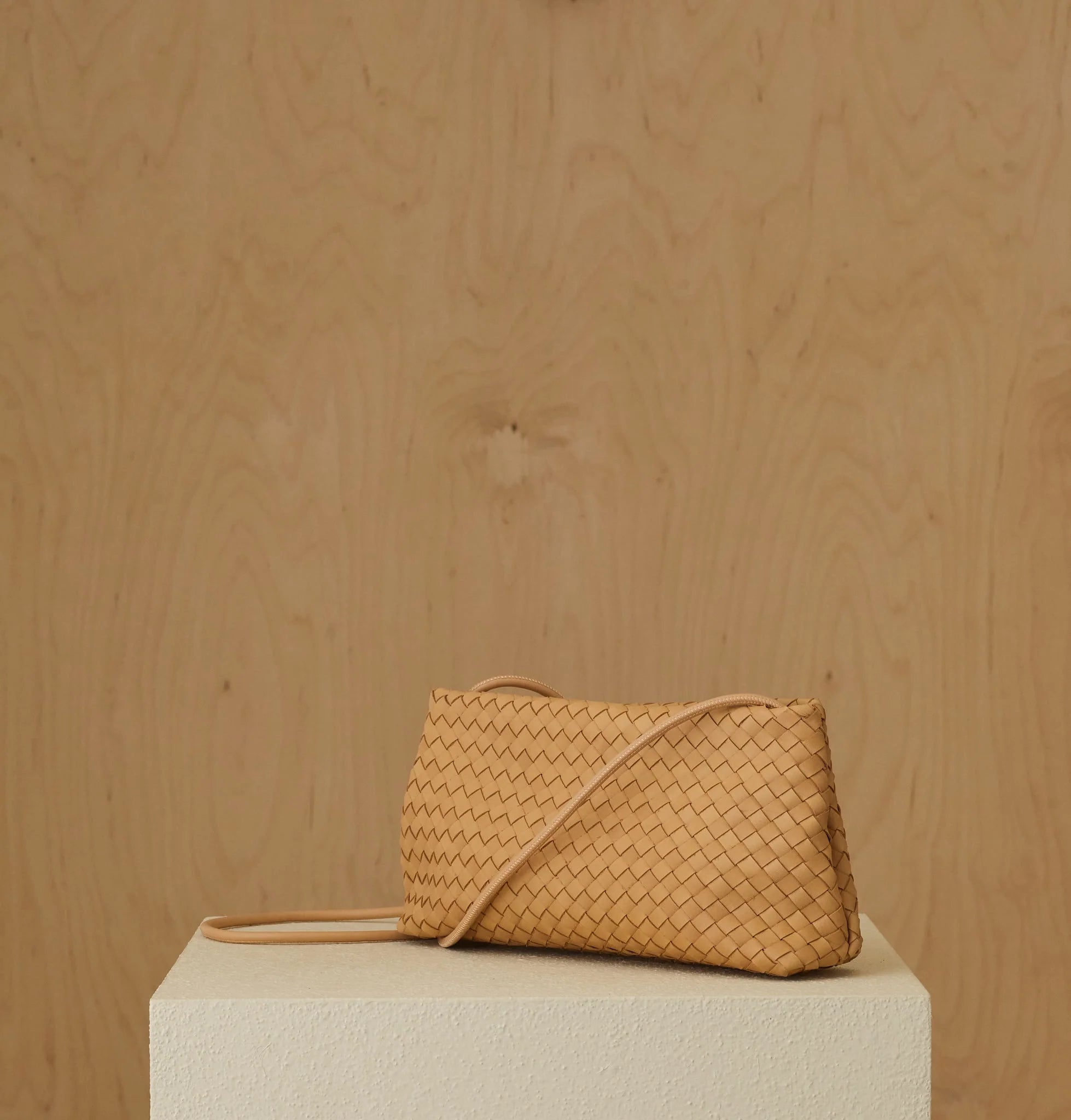 Warm Camel Woven Leather Clutch Bag with Matching Slim Shoulder Strap