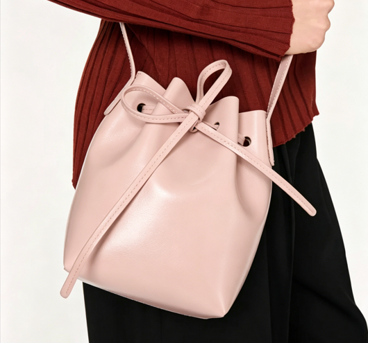 Blush Pink Leather Drawstring Mini Bucket Bag for Daily Outfit Matching