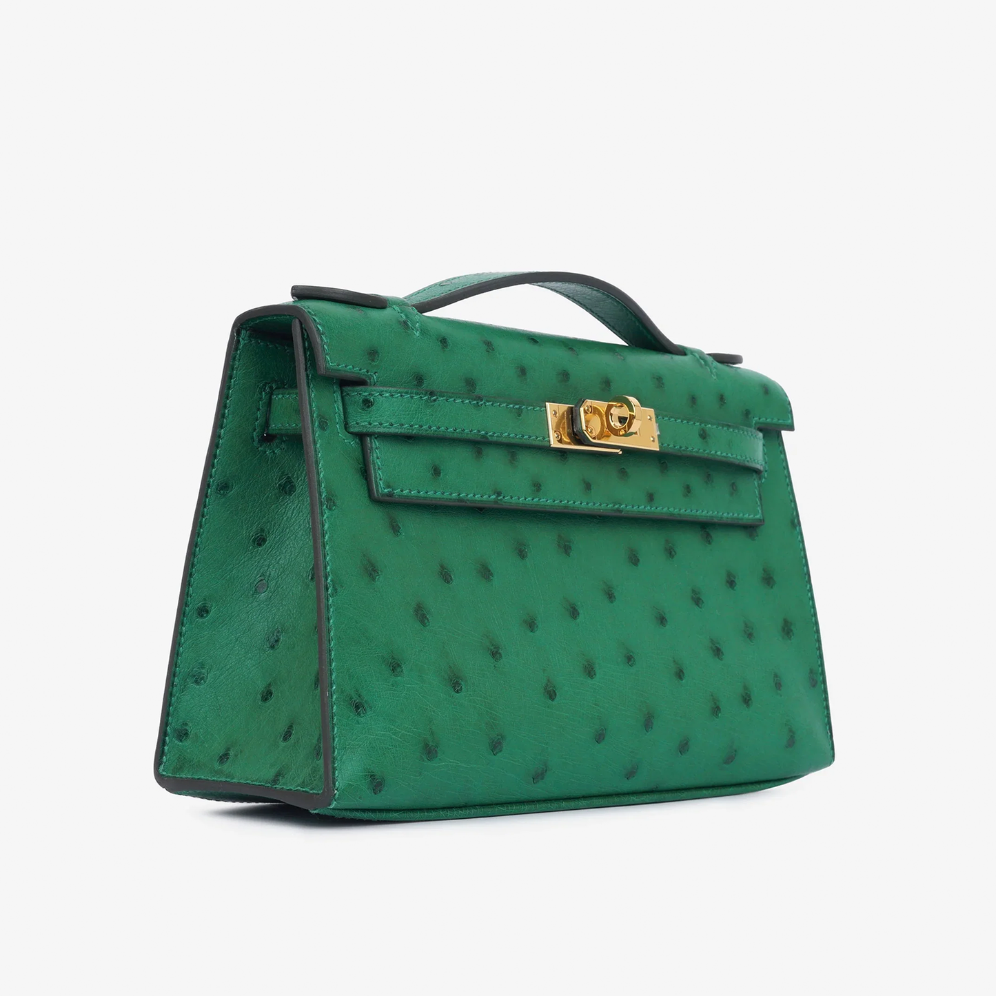 Vivid Emerald Green Speckled Slim Rectangular Mini Hand Pouch With Radiant Warm Golden Twist Lock Hardware And Sleek Curved Top Carry Handle