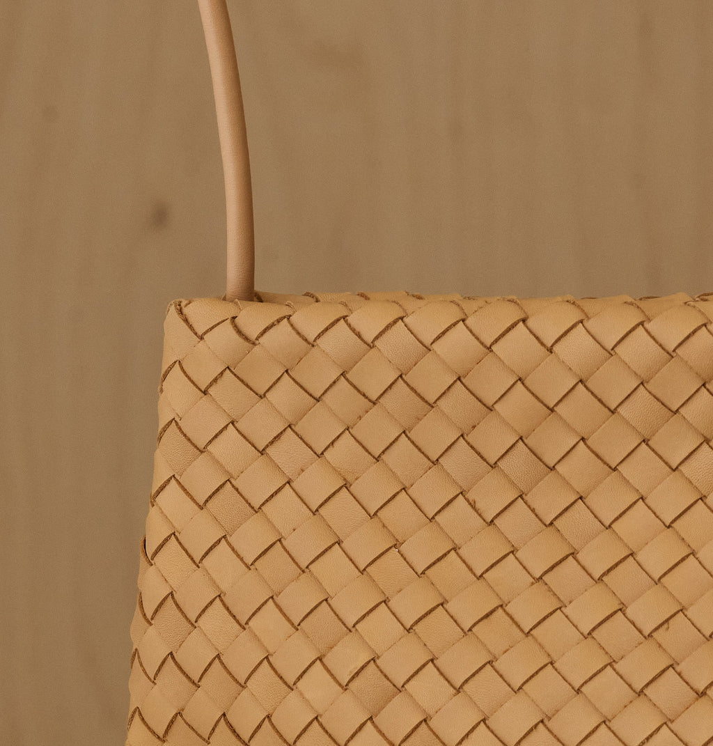 Warm Camel Woven Leather Clutch Bag with Matching Slim Shoulder Strap