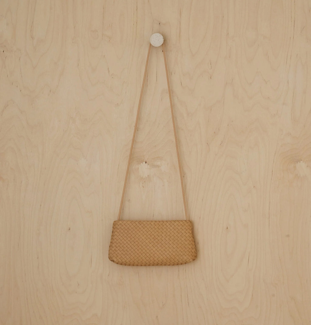 Warm Camel Woven Leather Clutch Bag with Matching Slim Shoulder Strap