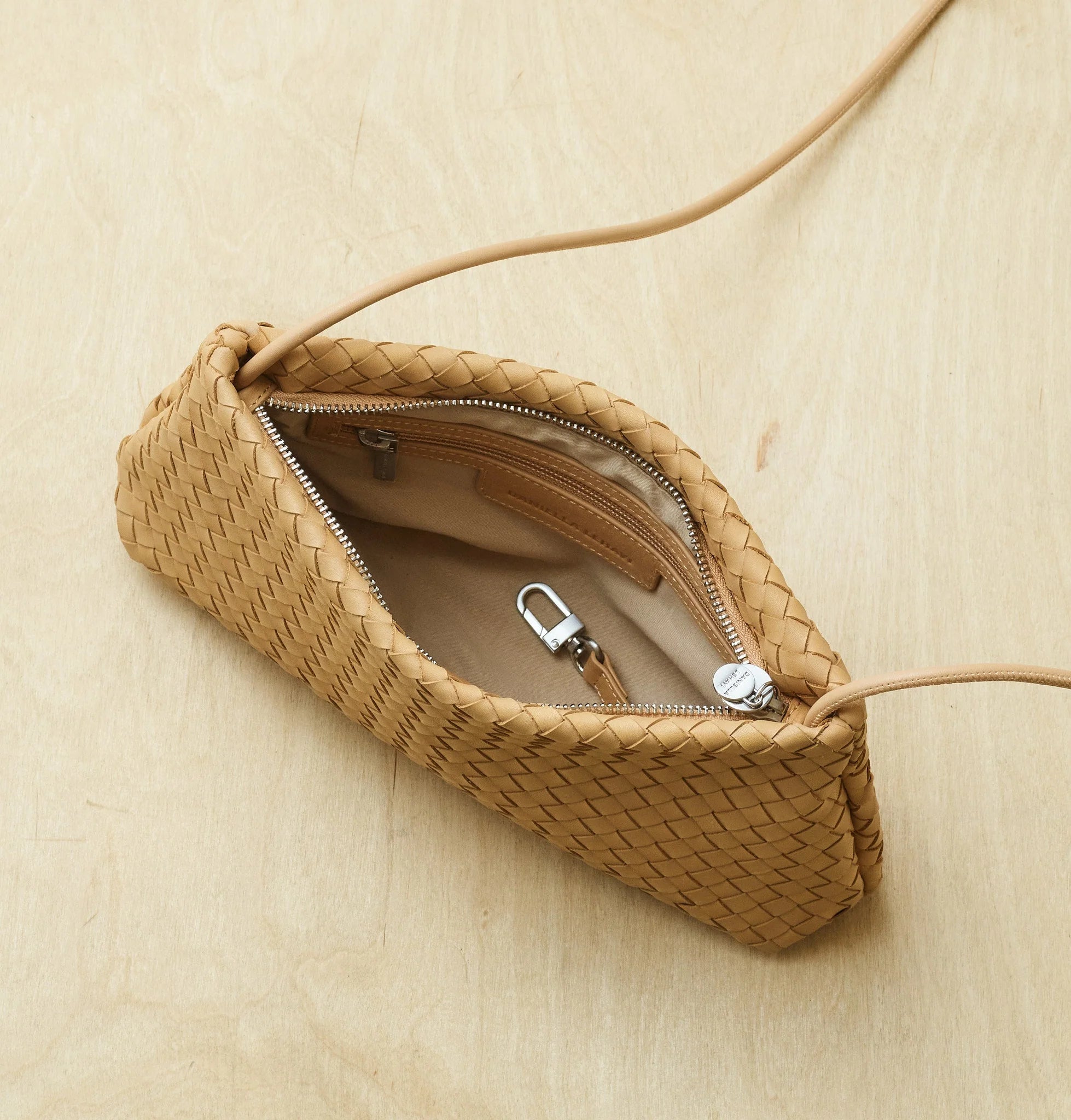 Warm Camel Woven Leather Clutch Bag with Matching Slim Shoulder Strap