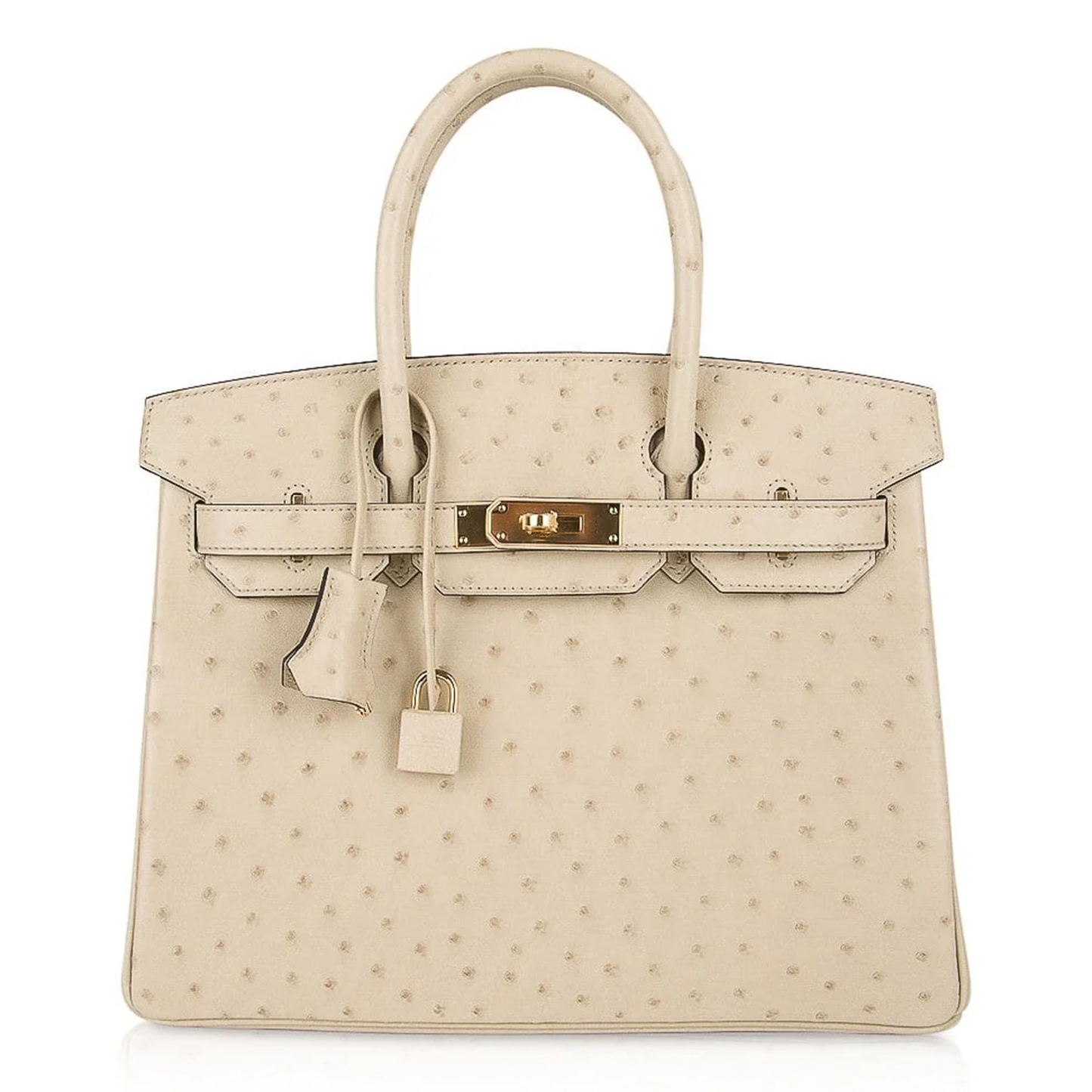 Warm Pale Parchment Speckled Medium Structured Trapezoid Tote With Luminous Warm Golden Twist Lock Hardware And Tonal Suspended Metal Padlock Charm
