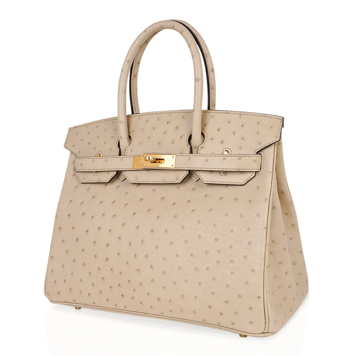 Warm Pale Parchment Speckled Medium Structured Trapezoid Tote With Luminous Warm Golden Twist Lock Hardware And Tonal Suspended Metal Padlock Charm