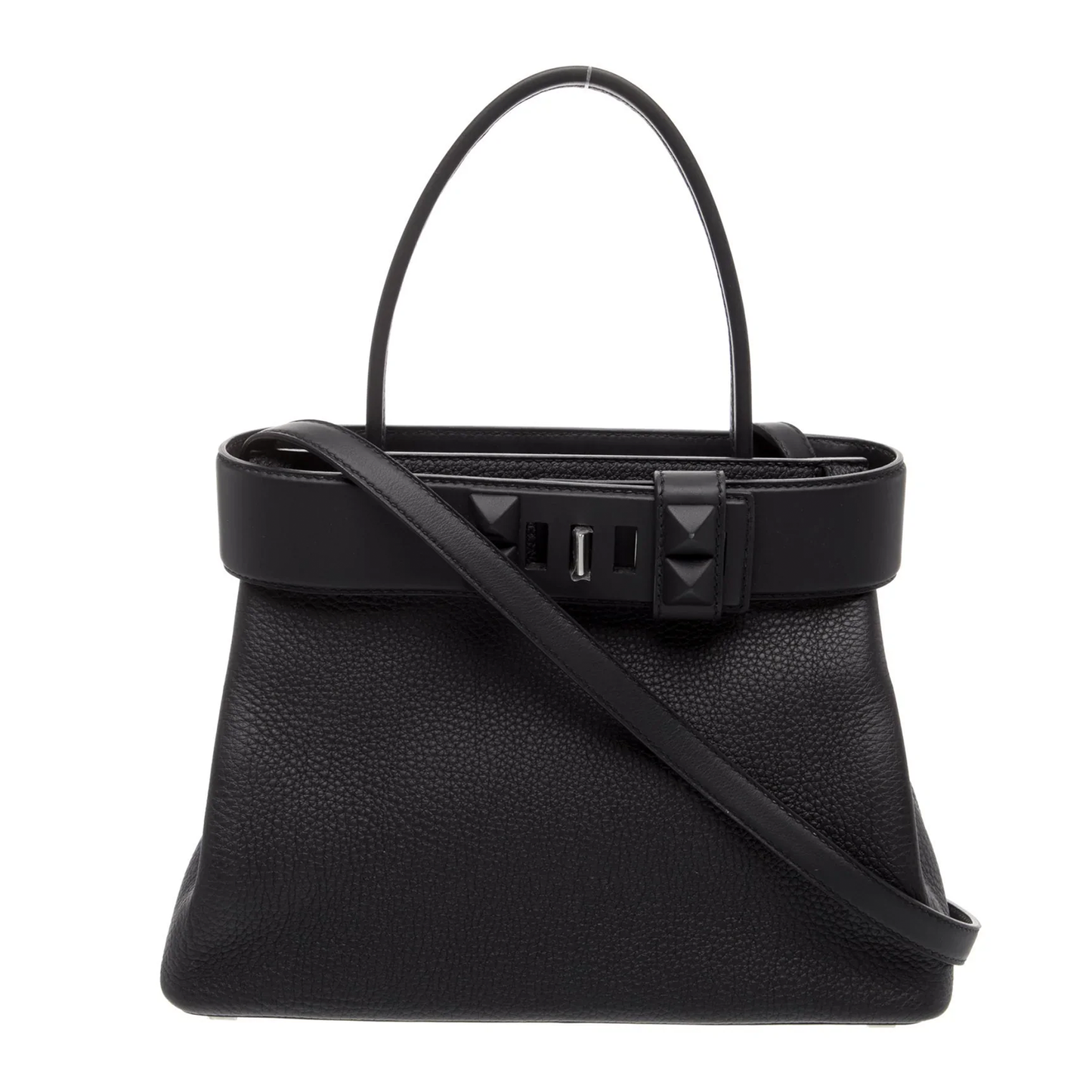 Sleek Full Black Grain Textured Structured Trapezoid Tote With Pyramid Stud Trim And Slim Metallic Slide Fastener Detail