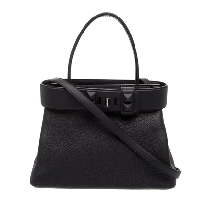 Sleek Full Black Grain Textured Structured Trapezoid Tote With Pyramid Stud Trim And Slim Metallic Slide Fastener Detail