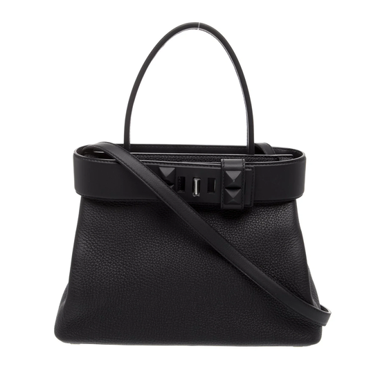 Sleek Full Black Grain Textured Structured Trapezoid Tote With Pyramid Stud Trim And Slim Metallic Slide Fastener Detail
