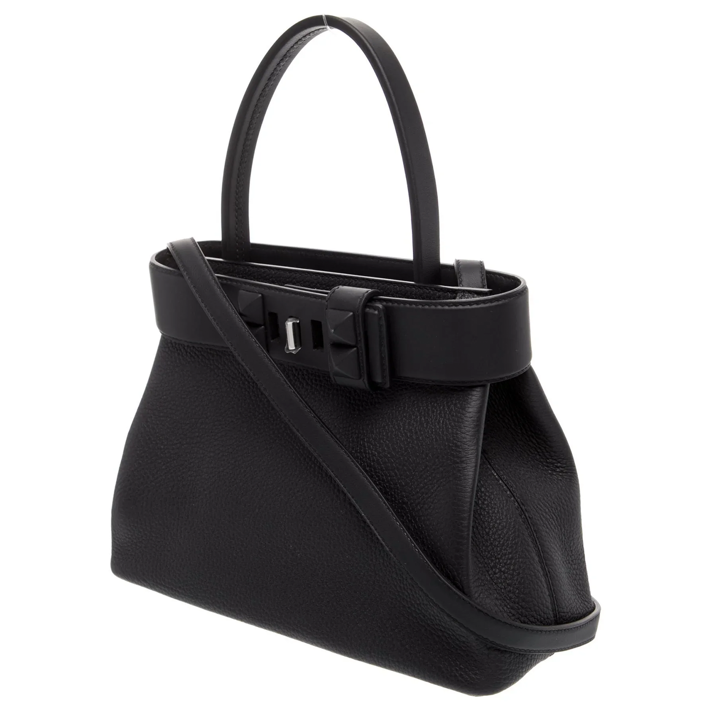 Sleek Full Black Grain Textured Structured Trapezoid Tote With Pyramid Stud Trim And Slim Metallic Slide Fastener Detail