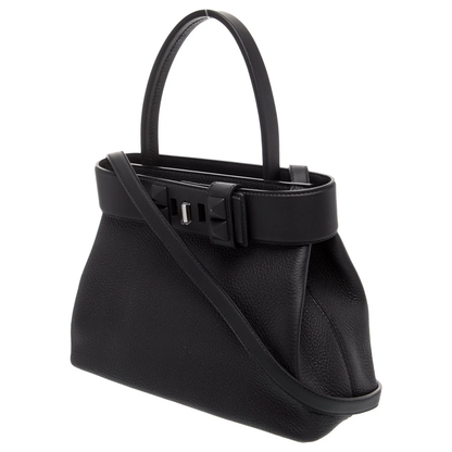Sleek Full Black Grain Textured Structured Trapezoid Tote With Pyramid Stud Trim And Slim Metallic Slide Fastener Detail