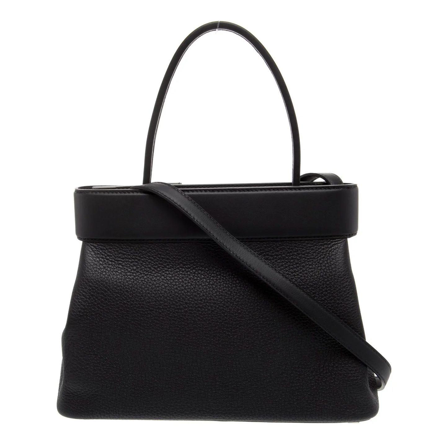 Sleek Full Black Grain Textured Structured Trapezoid Tote With Pyramid Stud Trim And Slim Metallic Slide Fastener Detail
