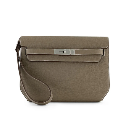 Muted Elephant Grey Textured Flat Rectangular Wrist Pouch With Sleek Silvery Twist Lock Hardware And Delicate Contrast Edge Stitching