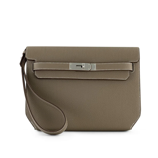 Muted Elephant Grey Textured Flat Rectangular Wrist Pouch With Sleek Silvery Twist Lock Hardware And Delicate Contrast Edge Stitching