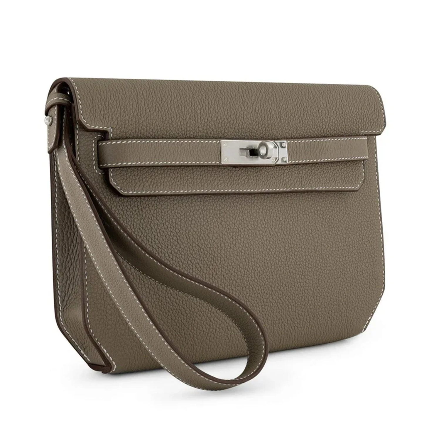 Muted Elephant Grey Textured Flat Rectangular Wrist Pouch With Sleek Silvery Twist Lock Hardware And Delicate Contrast Edge Stitching