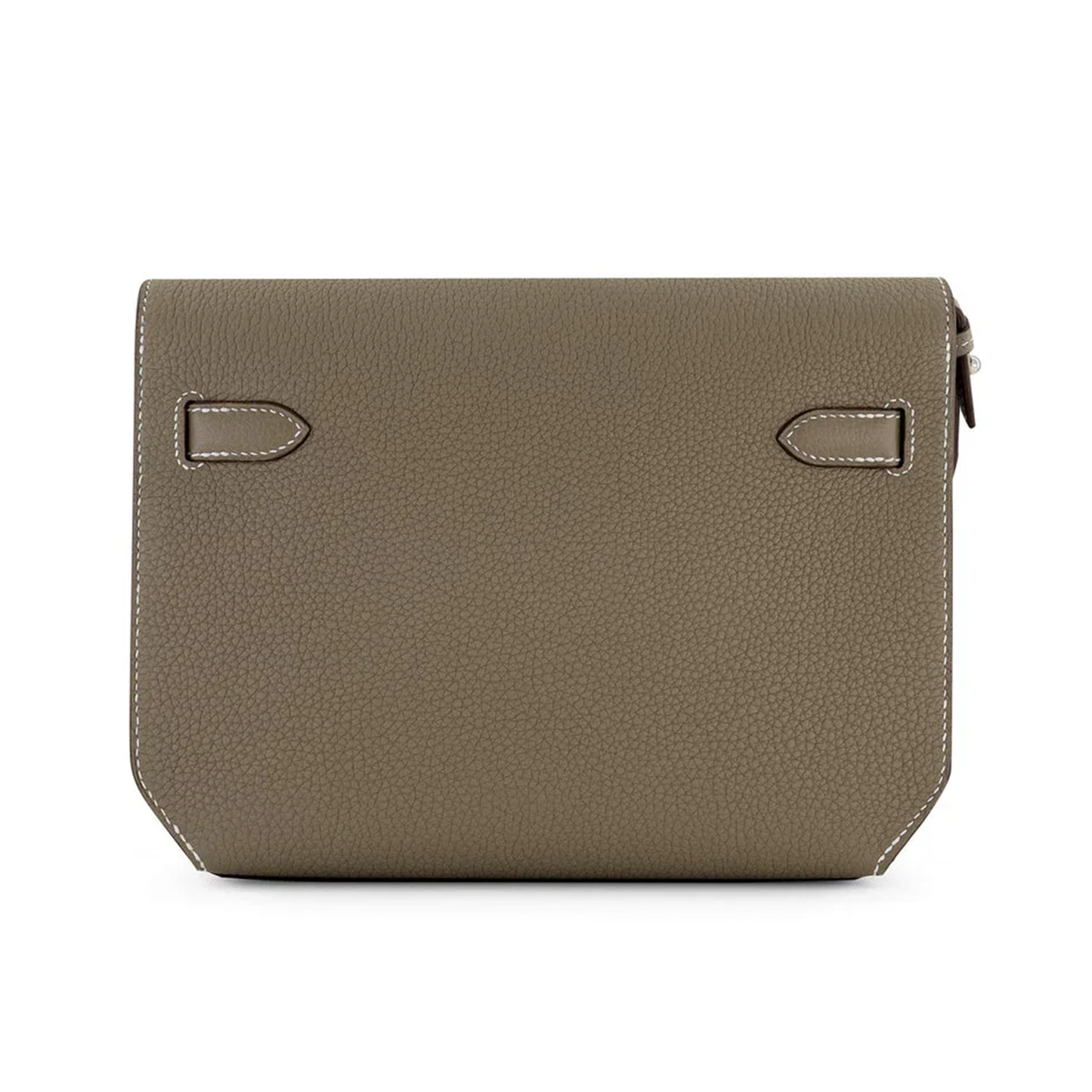 Muted Elephant Grey Textured Flat Rectangular Wrist Pouch With Sleek Silvery Twist Lock Hardware And Delicate Contrast Edge Stitching