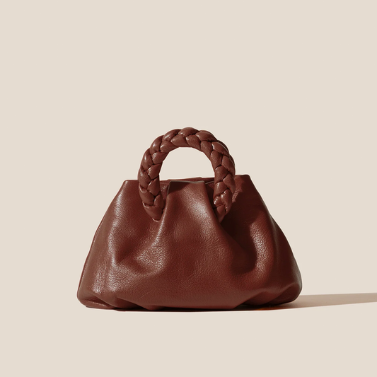 Rich Warm Chestnut Brown Gathered Compact Pouch Bag With Thick Woven Braided Ring Top Grip And Thin Matching Drawstring Carry Cord