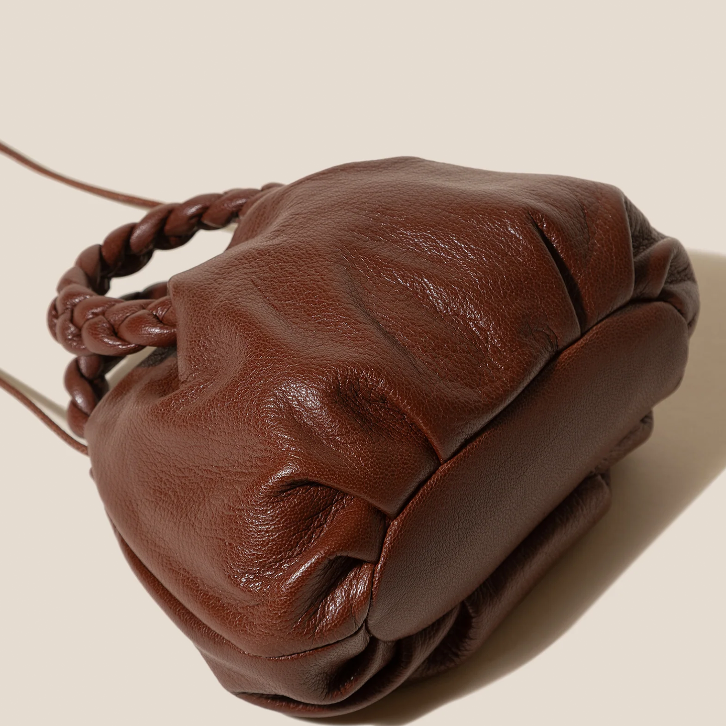 Rich Warm Chestnut Brown Gathered Compact Pouch Bag With Thick Woven Braided Ring Top Grip And Thin Matching Drawstring Carry Cord