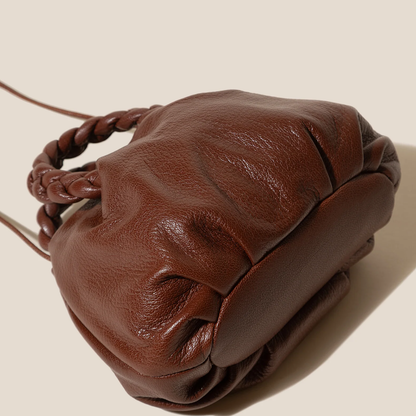 Rich Warm Chestnut Brown Gathered Compact Pouch Bag With Thick Woven Braided Ring Top Grip And Thin Matching Drawstring Carry Cord