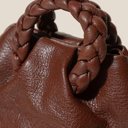 Rich Warm Chestnut Brown Gathered Compact Pouch Bag With Thick Woven Braided Ring Top Grip And Thin Matching Drawstring Carry Cord