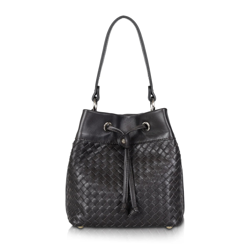Black Woven Leather Drawstring Bucket Bag for Daily Matching