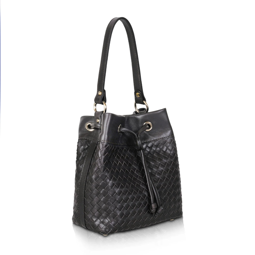 Black Woven Leather Drawstring Bucket Bag for Daily Matching