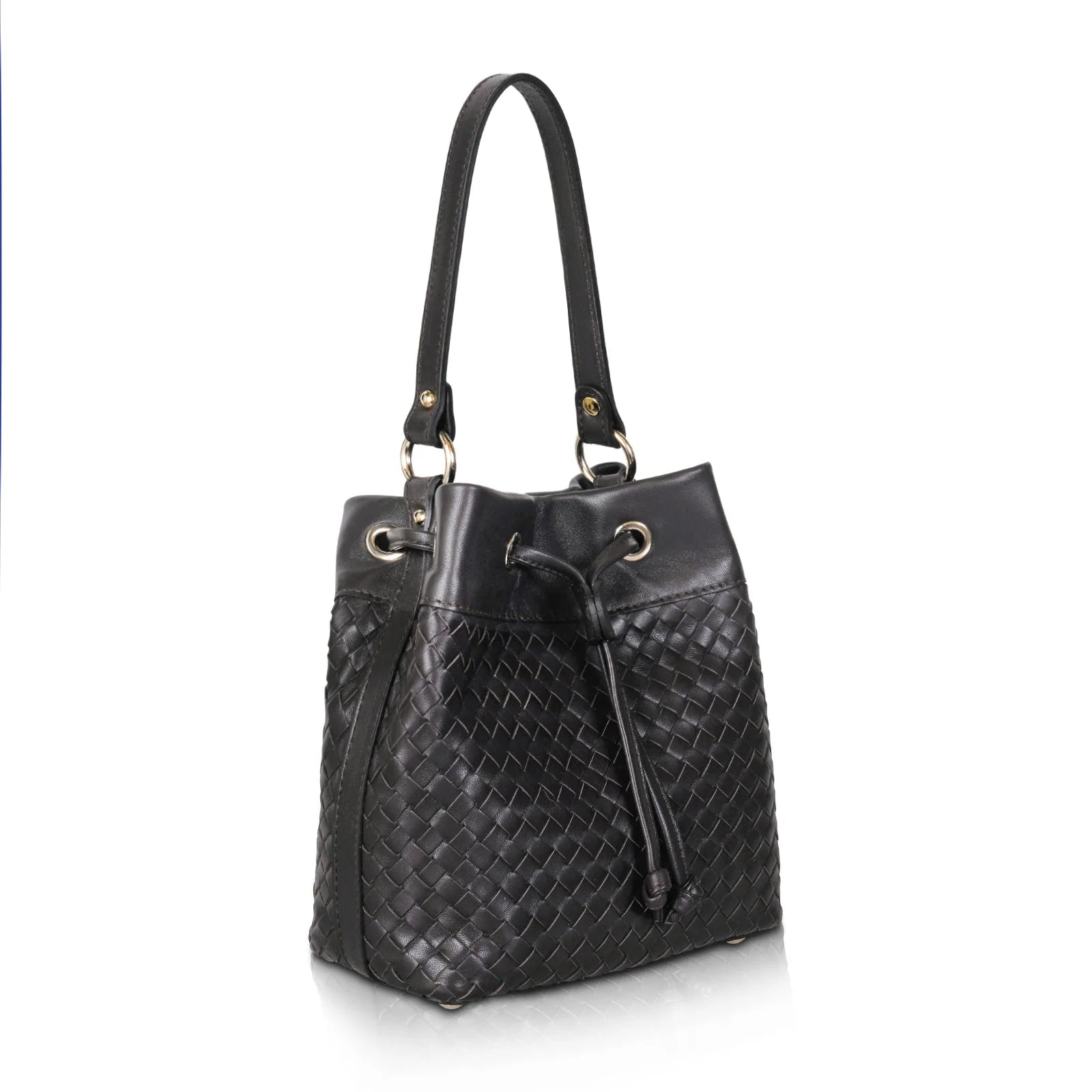 Black Woven Leather Drawstring Bucket Bag for Daily Matching