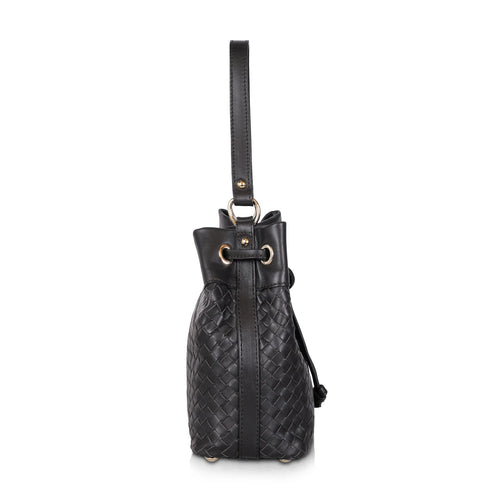 Black Woven Leather Drawstring Bucket Bag for Daily Matching