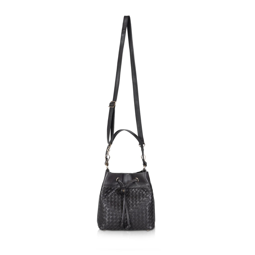 Black Woven Leather Drawstring Bucket Bag for Daily Matching