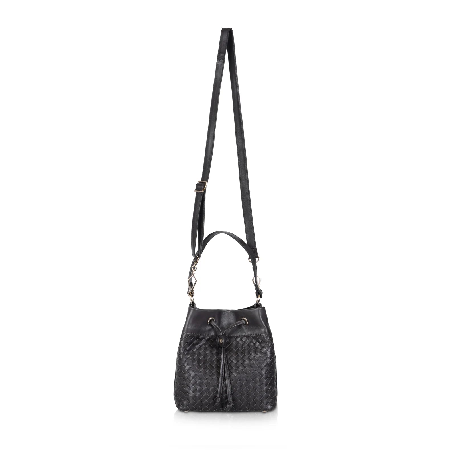 Black Woven Leather Drawstring Bucket Bag for Daily Matching