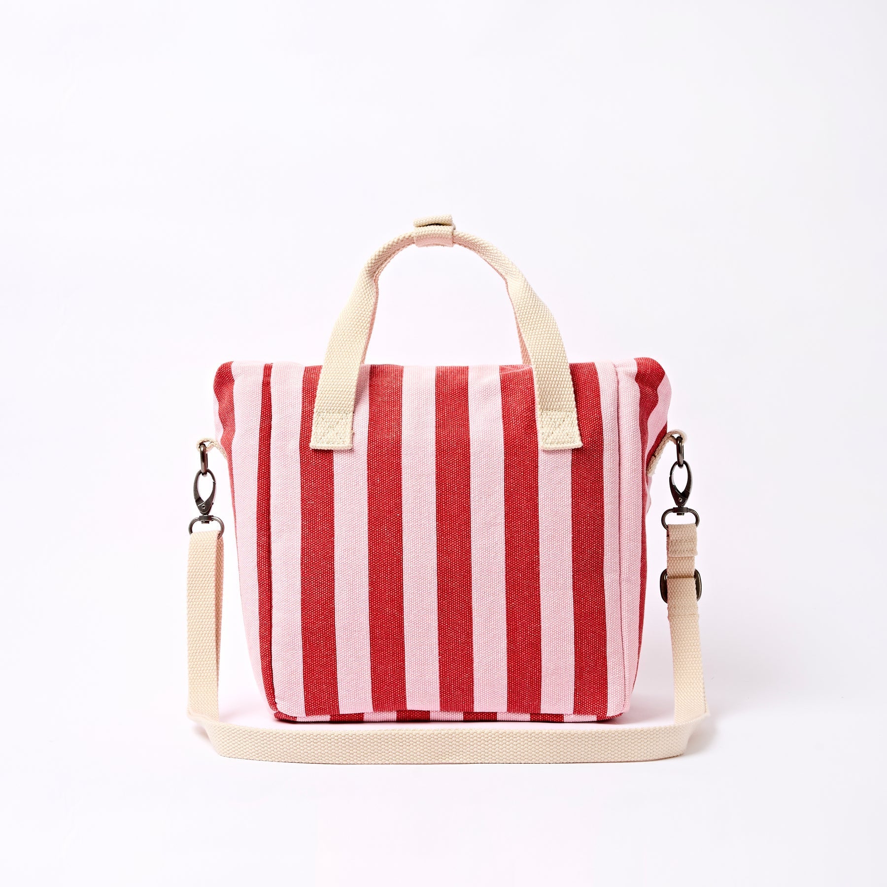 Red Pink Stripe Insulated Lunch Bag with Detachable Crossbody Strap
