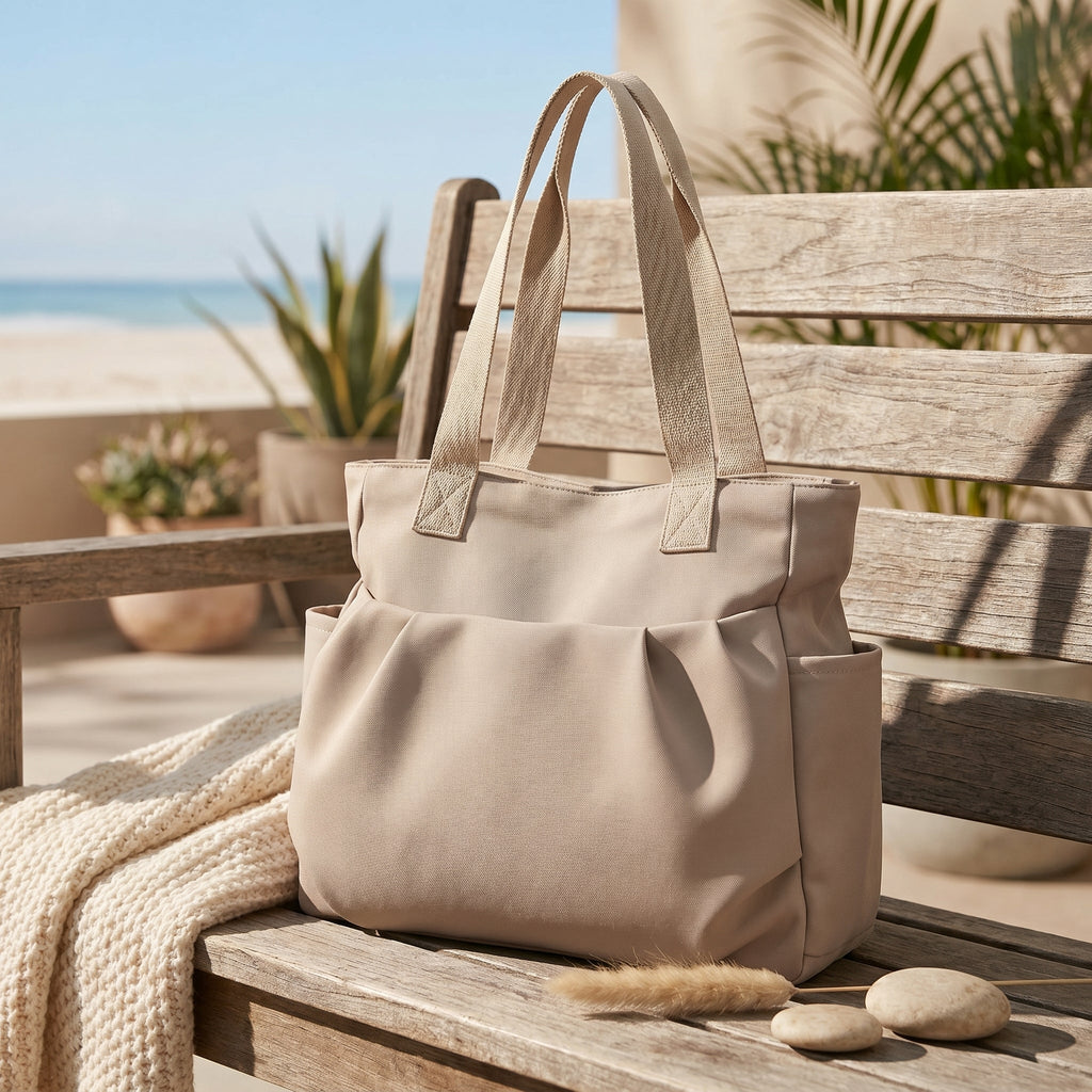 Taupe Neutral Multi-Pocket Shoulder Bag for Daily Beach & Commute Outings