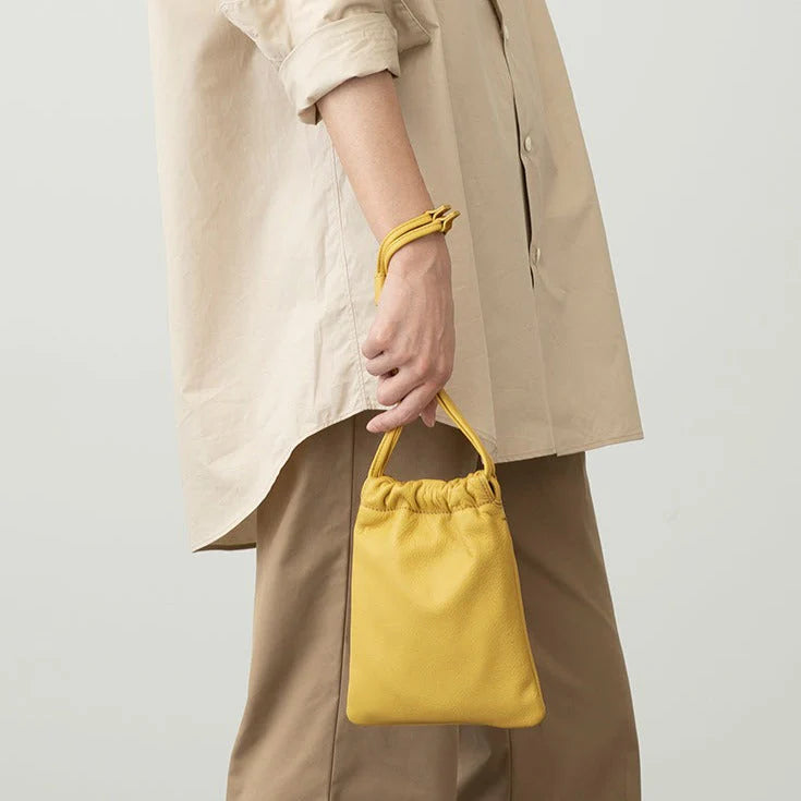 Leather Drawstring Crossbody Bag for Weekend Daily Outings